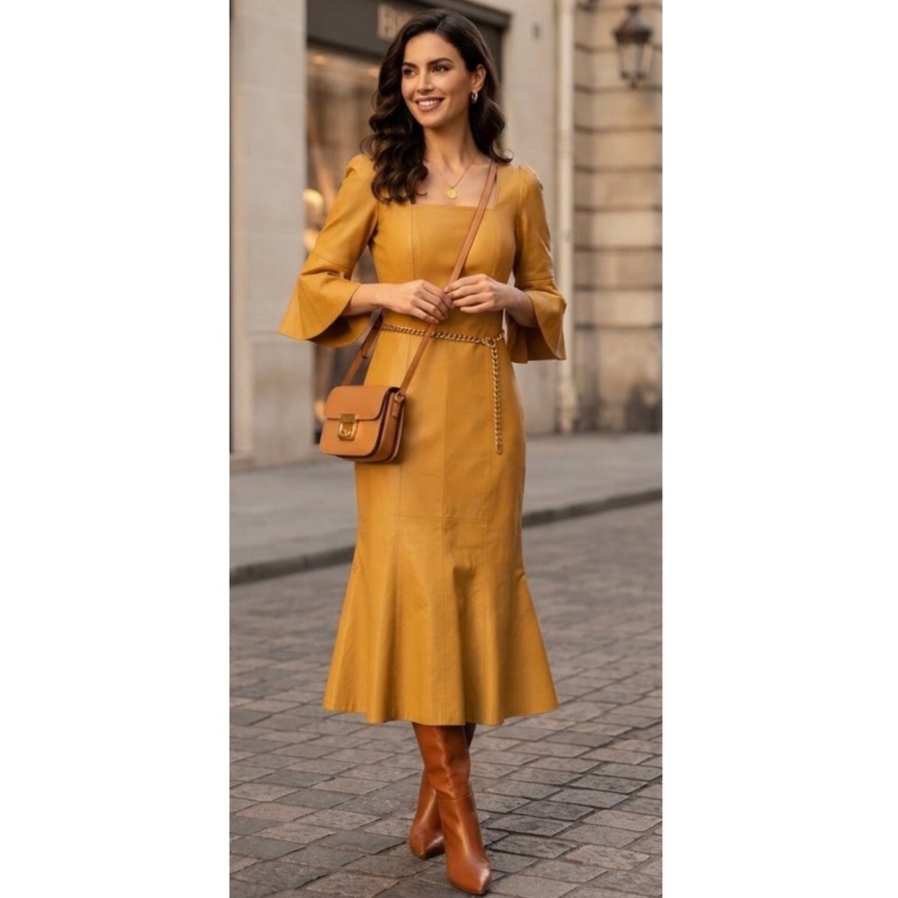 Leather Trumpet Hem MIDI Dress Bell Sleeve Mustard Fall Statement